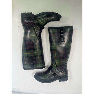 L.L.Bean Women's Green and Purple Plaid Rain Tall Boots‎ Size 7 Wellies Rubber